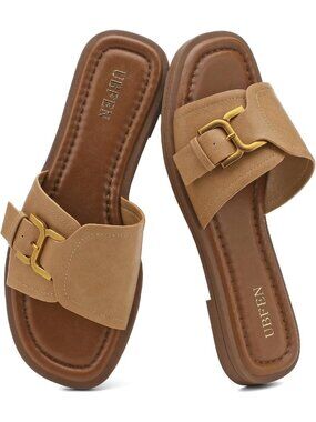 Women's Light Brown Square Toe Flat Sandals Slides Dressy Comfortable for Casual
